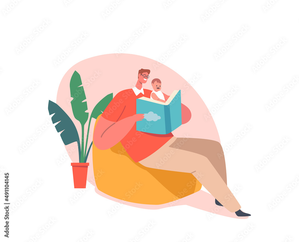 Happy Family Parent and Kid Characters Spend Time at Home Together. Single Father Reading Book to Toddler Baby Happy Family Parent and Kid Characters Spend Time at Home Together. Single Father Reading Book to Toddler Baby