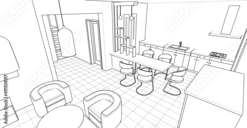 interior kitchen living room 3d illustration