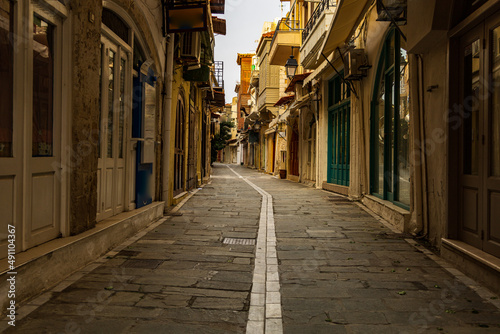 Scenic morning shot of a narrow alley in the old town of the greek village of Rethymno Crete  Greece