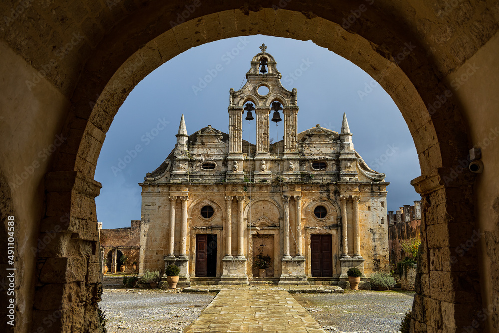 Beautiful shot of the Arkadi Monastery with sky and clouds in Crete, Greece
