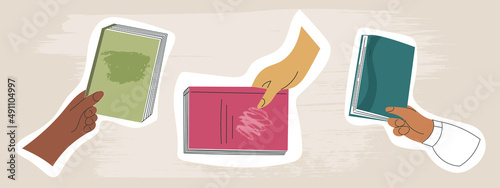 Set of hand giving book to exchange sharing, bookcrossing isolated flat cartoon vector illustration sticker. Student arm holding class textbook. Swap literature event, library day, bookshop festival