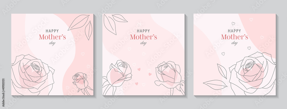 Happy Mother's Day vector greeting cards set with beautiful flowers and hearts. Rose single line drawing. illustration for banner