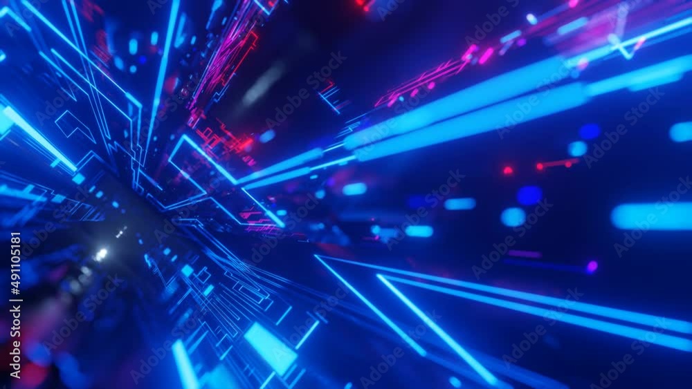 pattern like sci-fi hologram. Fly through technology cyberspace with neon glow. Sci-fi flight through hi-tech technology tunnel. Glow line. 3d looped seamless 4k bright bg. Data flow. Blocks