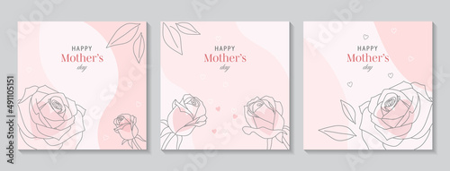 Happy Mother's Day vector greeting cards set with beautiful flowers and hearts. Rose single line drawing. illustration for banner