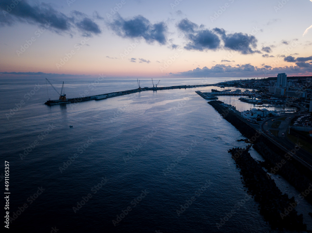 Obraz premium Night view of the ocean marina of Ponta Delgada on Sao Miguel Island, Azores, Portugal.