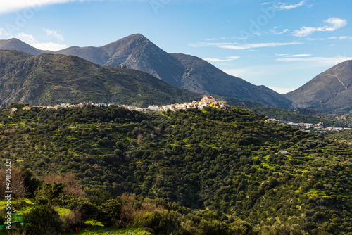 Scenic view over a mountain village and landscape in crete, Greece