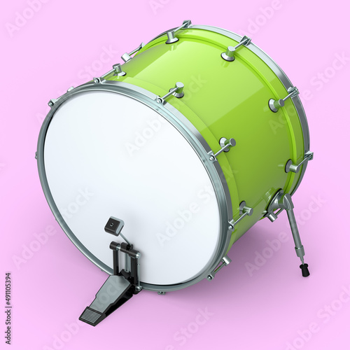 Realistic drum with pedal on pink background. 3d render of musical instrument
