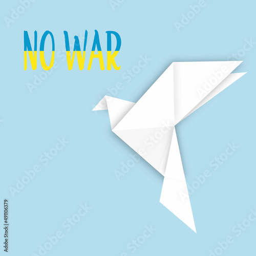 Vector illustration of flying peace dove in origami style. Text in Ukrainian flag colors. White pigeon. Say no to war.  Pray for Ukraine