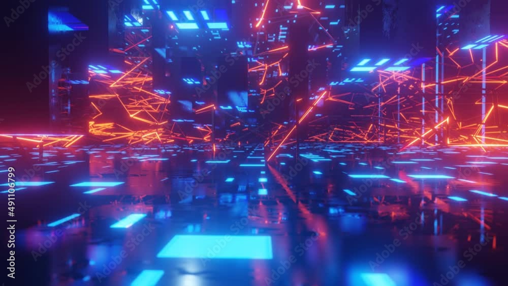 Hi-tech neon sci-fi tunel. Trendy neon glow lines form pattern and construction in mirror tunnel. Laser show Fly through technology cyberspace. 3d looped seamless 4k bright background. Obstacle course