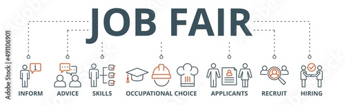 Job fair banner web icon vector illustration concept for employee recruitment and onboarding program with an icon of the information, advice, skills, occupational, applicants, recruit, and hiring