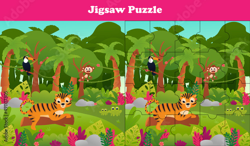 Jigsaw puzzle for kids with cute tropical jungle animals - toucan and tiger,monkey, printable worksheet for children