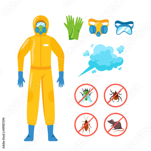 Set of Pest Control Icons, Isolated Cartoon Vector Insectologist wear Gas Mask, Gloves and Hazmat Suit. Cockroach, Rat