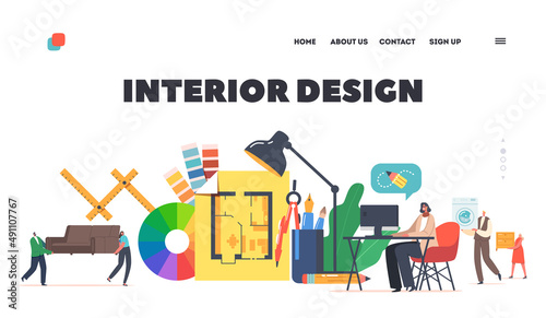 Interior Design Landing Page Template. Digital Art, Creative Profession. Tiny Graphic Designer Characters at Huge Layout