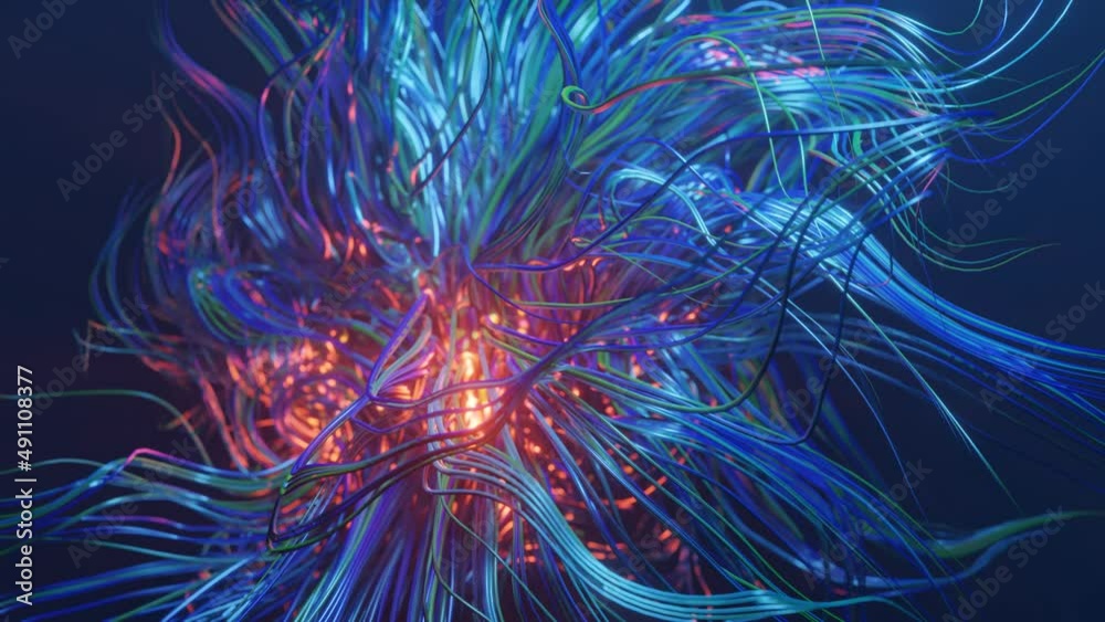 4k seamless looped bg. live curls underwater like fur, multi-colored threads or hair. Mist and DOF bokeh effects. Volumetric lights. Mysterious background with live curved lines, close-up. 4k seamless looped bg. live curls underwater like fur, multi-colored threads or hair. Mist and DOF bokeh effects. Volumetric lights. Mysterious background with live curved lines, close-up.