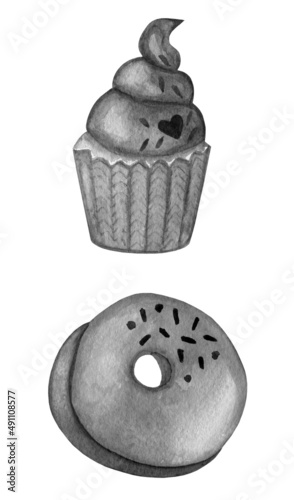 Clipart - ice cream cupcake donut. Monochrome watercolor food illustration isolated on white. Design for greeting card, fabric, textile, wallpaper, menu, packaging, print, wrapping, baby room.