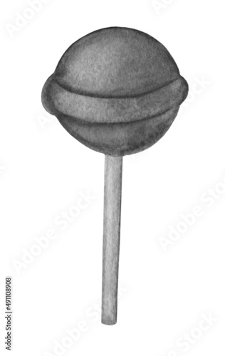 Caramel lollipop candy on a stick. Monochrome watercolor food illustration isolated on white. Design for fabric, wallpaper, menu, packaging, print, baby room.