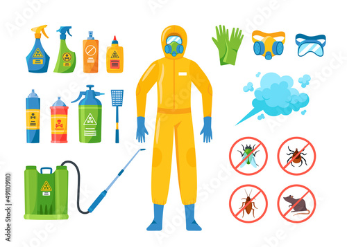 Set of Pest Control Icons, Isolated Cartoon Vector Insecticide Bottle, Insectologist in Gas Mask, Gloves and Hazmat Suit photo