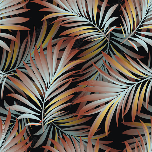 Palm. Seamless pattern with branches and leaves of tropical plants, trees. Vector image. © podtin