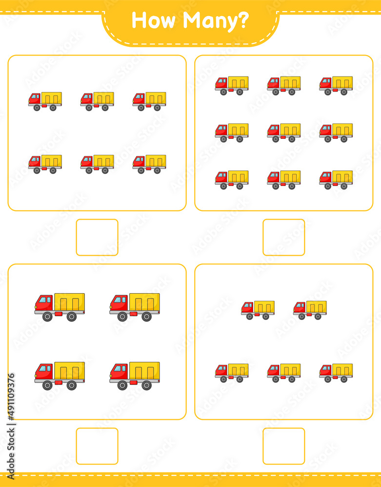 Fototapeta premium Counting game, how many Lorry. Educational children game, printable worksheet, vector illustration