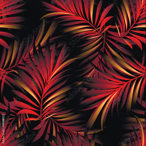 Palm. Seamless pattern with branches and leaves of tropical plants, trees. Vector image. 
