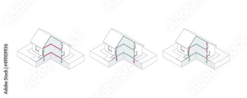 3D isometric house wireframe with  marked elements