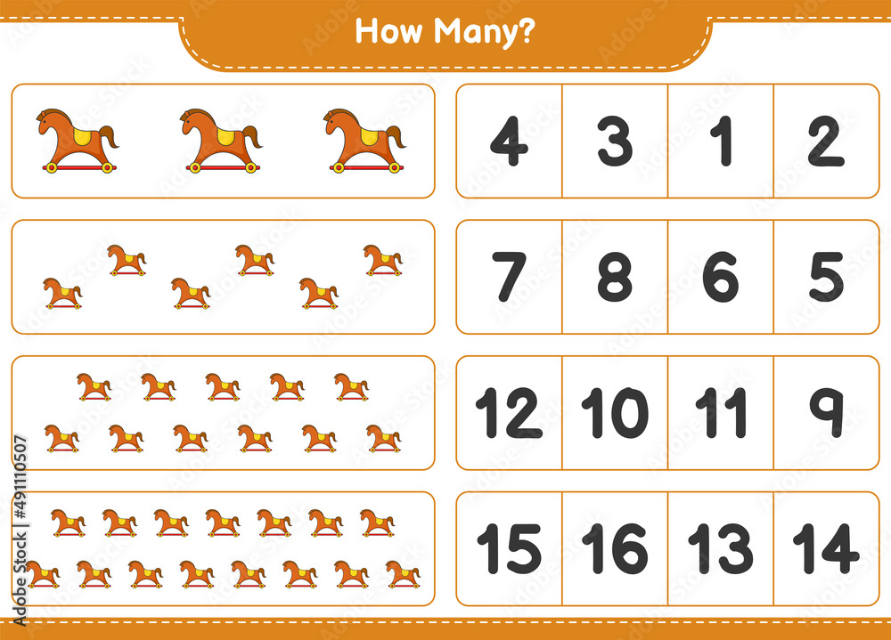 Obraz premium Counting game, how many Rocking Horse. Educational children game, printable worksheet, vector illustration