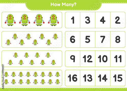 Counting game, how many Robot Character. Educational children game, printable worksheet, vector illustration