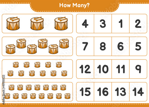 Counting game, how many Drum. Educational children game, printable worksheet, vector illustration