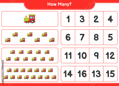 Counting game, how many Train. Educational children game, printable worksheet, vector illustration