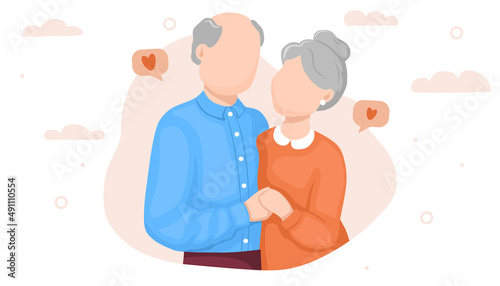 Old lovers. An elderly couple. Love and dating at any age. An adult man hugs an adult woman. Family relationships. The concept of love through time. Illustration for banner, postcard, site, cover.