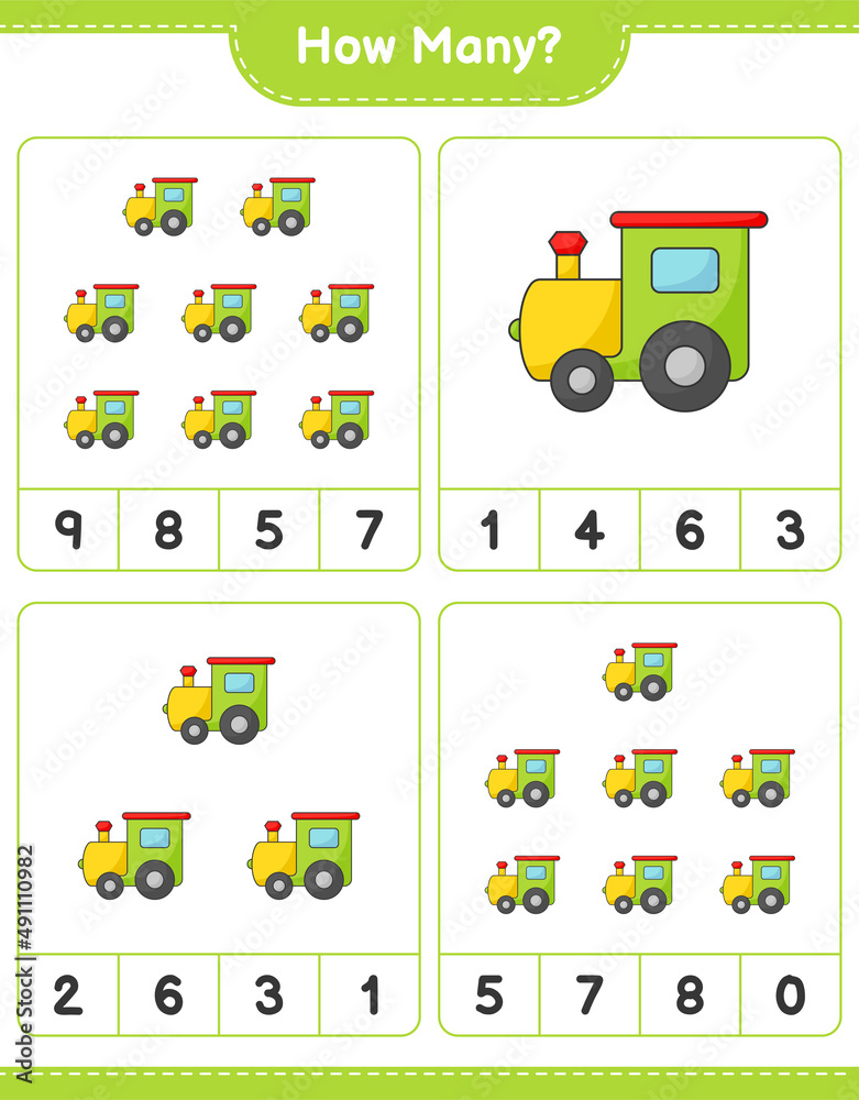 Fototapeta premium Counting game, how many Train. Educational children game, printable worksheet, vector illustration