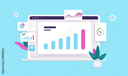 Rising chart on computer screen - Dashboard on laptop with graphs and charts showing abstract data and results. Vector illustration