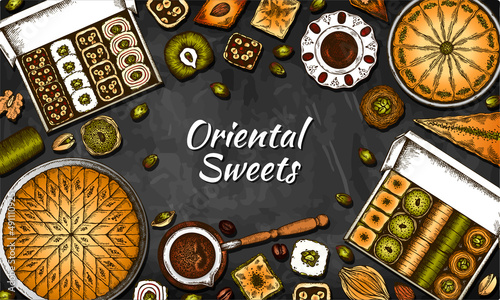 Sketch drawing poster of Oriental Sweets isolated on blackboard. Line art drawn Turkish delight, coffee, black tea, baklava, tulumba, arabian pistachio dessert, asian sweet food. Vector illustration.