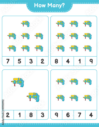 Counting game, how many Water Gun. Educational children game, printable worksheet, vector illustration