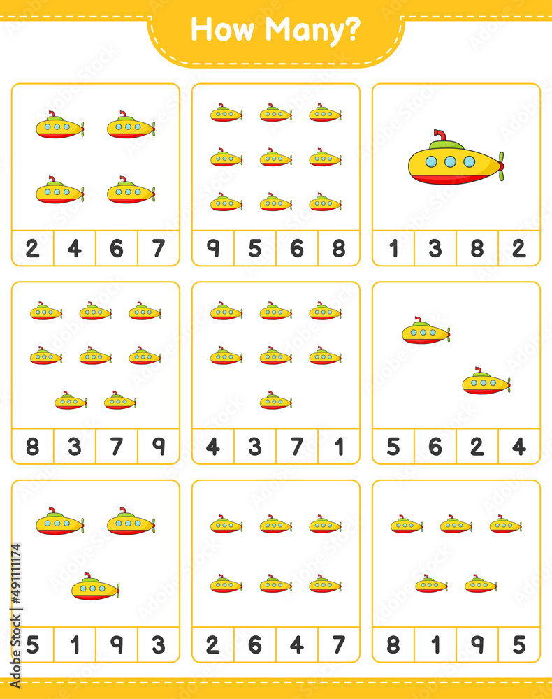 Counting game, how many Submarine. Educational children game, printable worksheet, vector illustration