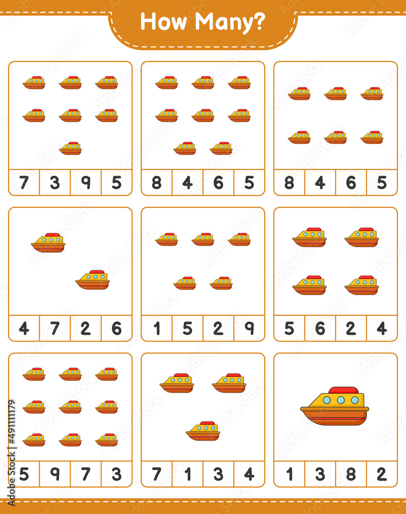 Counting game, how many Boat. Educational children game, printable worksheet, vector illustration