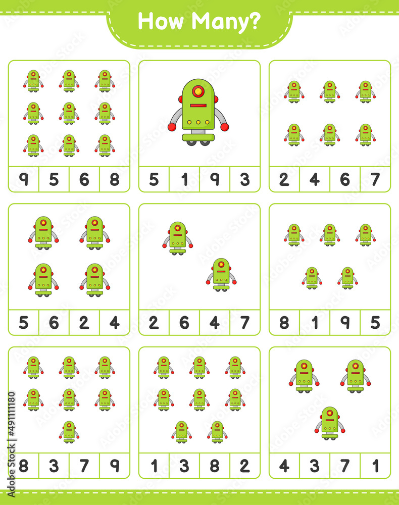 Counting game, how many Robot Character. Educational children game, printable worksheet, vector illustration Counting game, how many Robot Character. Educational children game, printable worksheet, vector illustration