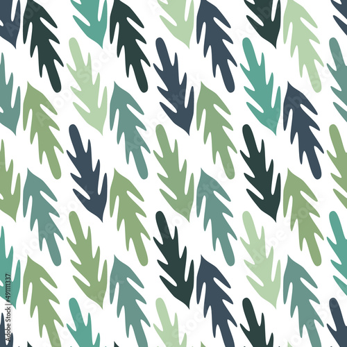 Abstract tropical leaves of different shades of green on a pure white background. Seamless eco-friendly pattern. Vector illustration.