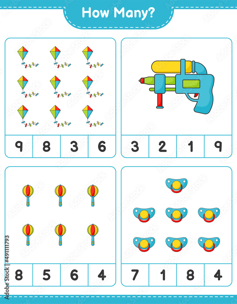 Obraz premium Counting game, how many Kite, Water Gun, Baby Rattle, and Pacifier. Educational children game, printable worksheet, vector illustration
