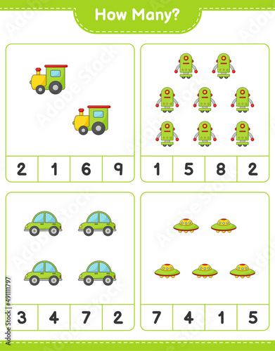 Counting game, how many Train, Robot Character, Car, and Ufo. Educational children game, printable worksheet, vector illustration