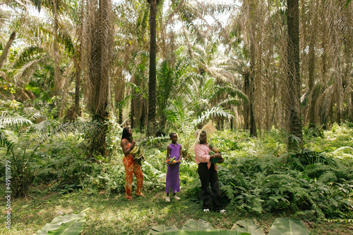 Landscape portrait of black african female activists holding their harvest in the rainforest 