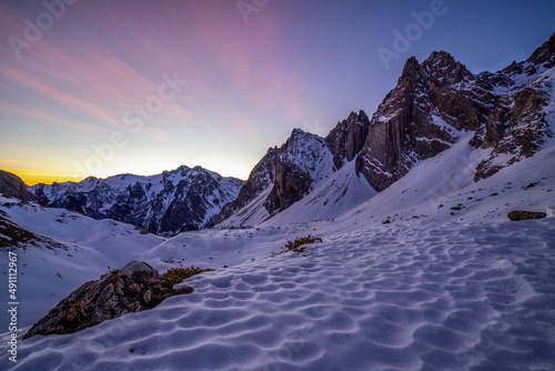 alba invernale con veduta sulle montagne della valle maira (oronaye) photo