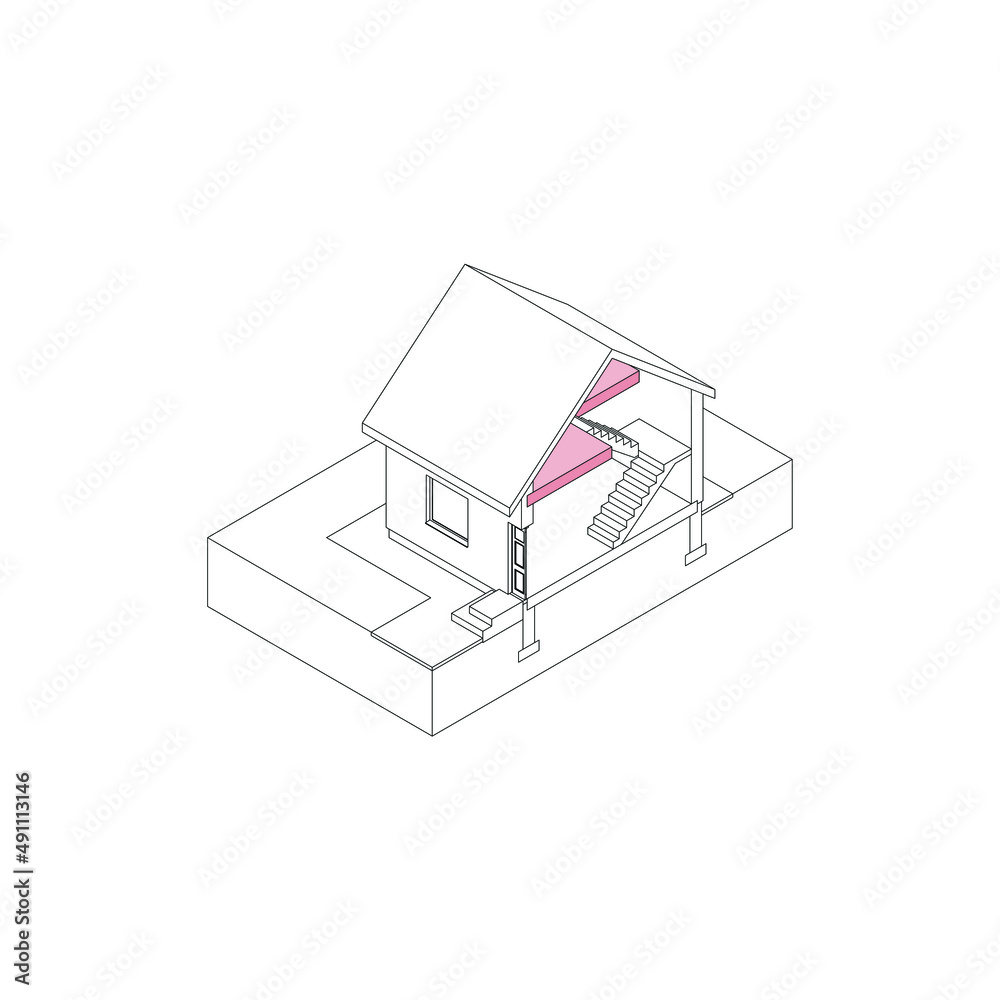 3D isometric house wireframe n section 3D isometric house wireframe n section