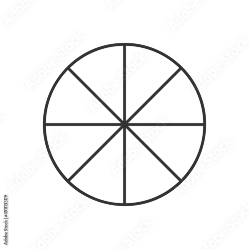 Circle divided in 8 segments. Pie or pizza round shape cut in eight equal slices in outline style. Simple business chart template. Vector linear illustration.