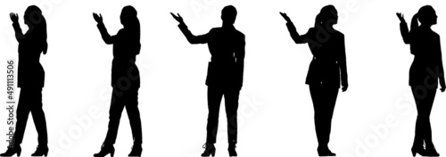 Silhouette of a business woman from multiple angles showing something with her hand. Isolated vector silhouettes