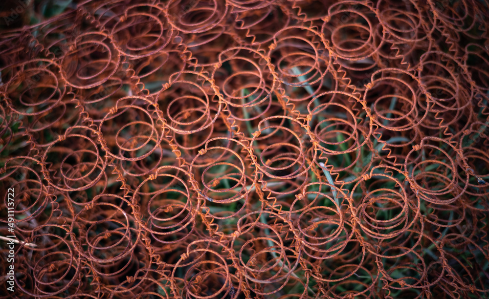 Rusty bed mattress springs, close up detail texture, 