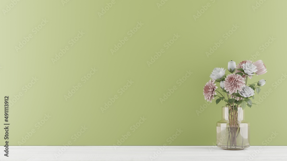 bouquet of roses and dahlia in vase on green background