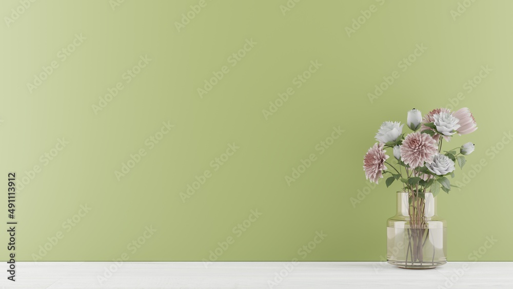Fototapeta premium bouquet of roses and dahlia in vase on green background