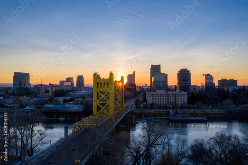 Aerial views of downtown Sacramento skyline and bridges.