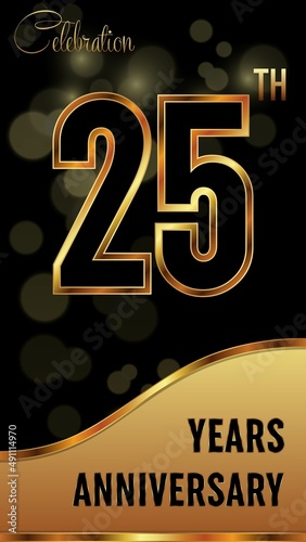 25 years anniversary celebration. Anniversary logo with ring and elegance golden color isolated on black background, vector design for celebration, invitation card, greeting card, and banner